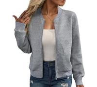 Textured Bomber Jacket For Women Full Zip Ribbed Trim With Pockets (gray,M)