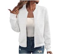 Textured Bomber Jacket For Women Full Zip Ribbed Trim With Pockets (White,XL)