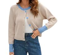 Textured Knit Cardigan For Women Cropped Button Front Long Sleeve (Apricot,XL)