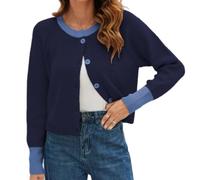 Textured Knit Cardigan For Women Cropped Button Front Long Sleeve (Blue,L)