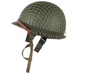 Texvora Casco M1, réplica de carcasa de acero de metal genérico con red, correa de barbilla de lona, banda de ojo de gato, estilo años 40