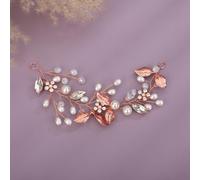 Teyglen Diadema de hojas de novia con perlas de vid de cristal para novia, diadema de boda dorada y plateada, accesorios para el cabello para mujeres, novias y niñas (oro rosa)