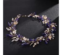 Teyglen Diadema para novia y boda, diseño de hojas de cristal, hecha a mano, azul, rojo, verde, diamantes de imitación, accesorios para el cabello para mujeres y niñas (azul)