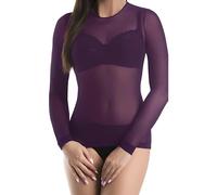Teyli Blusa transparente manga larga con cuello redondo - top de malla femenino de diseño ligero y translúcido. Violeta XS