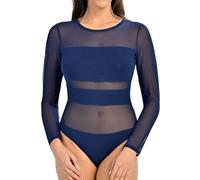 Teyli Bodys de mujer - body de manga larga entallado - bodysuit de mujer con slip - body femenino con detalles de malla.Azul S