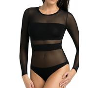 Teyli Bodys de mujer - body de manga larga entallado - bodysuit de mujer con slip - body femenino con detalles de malla.Negro L