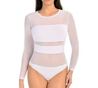 Teyli Bodys de mujer - body de manga larga entallado - bodysuit de mujer con slip - body femenino con detalles de malla.Blanco XS