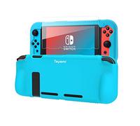 Teyomi Protective Silicone Case for Nintendo Switch, Grip Cover with Tempered Glass Screen Protector, 2 Storage Slots for Game Cards, Shock-Absorption & Anti-Scratch (Blue)