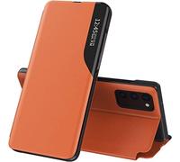 TEYYOS Funda Smart View para Samsung Galaxy S24 Ultra 5G, Prima PU Cuero Carcasa con Clear Ventana, Moda Espejo Estuche Movil con Soporte Plegable, Case Cover - Naranja