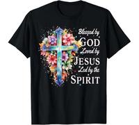 tf6jres Blessed by God Loved by Jesus Floral Cross Christian T-Shirt Black L