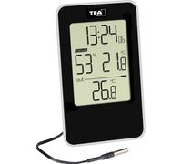 TFA Dostmann 30.5048.01 - Termómetro higrómetro Digital con Hora, para Interior y Exterior, con Sensor de Cable Impermeable, Color Negro, (Largo) 72 x (Ancho) 16 (49) x (Alto) 121 mm