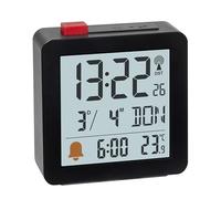 TFA Dostmann 60.2566.01 - Despertador Digital de Viaje, Funciona con Pilas, con Zona horaria, Incluye termómetro Interior, con Fecha y día de la Semana, Iluminado, Color Negro
