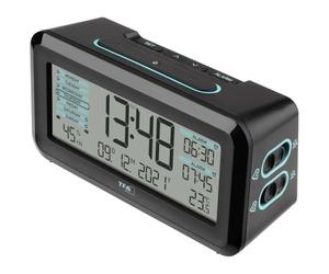 TFA Dostmann Boxx2 Despertador Digital Radiocontrolado, 60.2562.01.GB, con Batería, 2 Horas de Alarma, Pantalla en Inglés, con Termohigrómetro, Negro-Turquesa, (L) 138 x (B) 52 x (H) 72 mm