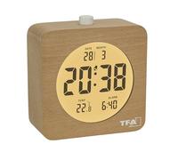 TFA Dostmann Despertador Digital de Madera con indicador de Temperatura Interior, 60.2049, de Madera de Haya, retroiluminación, Pantalla LCD, Funciona con Pilas, indicador de Fecha, Color marrón