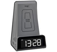 TFA Dostmann ICONcharge, 60.2033 - Despertador digital con estación de carga por inducción, soporte para videollamadas, despertador con función de repetición, carga USB, dígitos luminosos, antracita