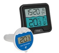 TFA Dostmann Marbella 2 - Termómetro digital inalámbrico para piscina o | 30.3066.01, flotante, fácil de leer, baño de hielo, temperatura del agua, incluye transmisor de agua, reloj por radio