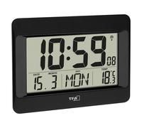 TFA Dostmann Reloj de Pared Digital, 60.4519.01, Radio Reloj con Temperatura Interior, día de la Semana (8 Idiomas), Fecha, Ajuste de Zona horaria, Color Negro, plástico, 215 x 160 x 26 (68) mm