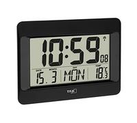 TFA Dostmann Reloj de Pared Digital, 60.4519.01, Radio Reloj con Temperatura Interior, día de la Semana (8 Idiomas), Fecha, Ajuste de Zona horaria, Color Negro, plástico, 215 x 160 x 26 (68) mm