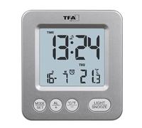 TFA Dostmann Reloj Despertador Digital de Viaje, 60.2567.54, termómetro Interior, indicador de Calendario (Fecha y día de la Semana), función de repetición, Reloj Radio, Color Plateado