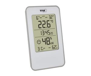 TFA Dostmann Termómetro higrómetro digital 30.5057 para interior, medidor de humedad con termómetro para habitación, antimoho, para salón, garaje, dormitorio, 72 x 16 x 120 mm, color blanco