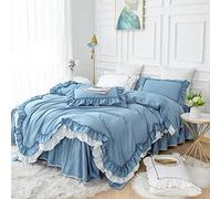TFBHL Set de sábana de Cama Doble Capas Ruffles Azules de Cama Blanca Azul para niñas 4/6pcs Conjuntos de Tapa dorlector de algodón Transpirable Suave con Cremallera Camiseta Falda de Almohada Fueras
