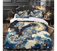 TFEDACVSS Dragón Entre Las Olas Funda de Edredón 3 Piezas Microfibra Suave Diseño 3D Cremallera Oculta con Fundas de Almohada Suave japonés Funda Edredon for Familia Single（140x200cm）