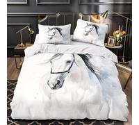 TFEDACVSS Retrato de Caballo Blanco Funda de Edredón Cierre de Juego de 3 Piezas Suave Estampado 3D Incluye Fundas de Almohada Antialérgica Animal de Acuarela Funda Edredon for niña Single（135x200cm）