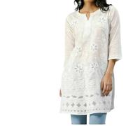 TFGO - Vestidos de mujer Chikankari algodón bordado Kurta indio tradicional verano top Reino Unido, blanco, L