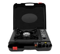 TFGXUE Barbacoa de gas para camping, 2500 W, parrilla de mesa portátil con bandeja colectora, soporte para olla y caja de almacenamiento, parrilla de gas móvil con sistema de encendido electrónico