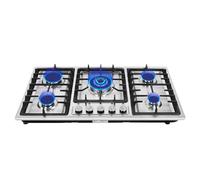 TFGXUE Hornillo de gas de 5 fuegos, de acero inoxidable con una rejilla de hierro fundido, encendido electrónico y dispositivo de protección de llama, 5 fuegos, cocina de gas para uso doméstico o