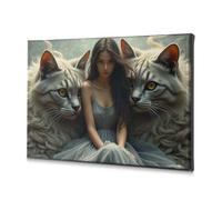 TFSW Decoración de pared de niña con gatos gigantes: un retrato artístico de fantasía, cuadro decorativo rústico, decoración del hogar, pared (20 x 30 cm)