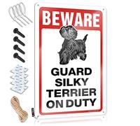 TFSW Letreros divertidos para el hogar, bar, ¡cuidado con la guardia Silky Terrier On Duty, letrero de estaño, cartel de metal vintage (30 x 40 cm)