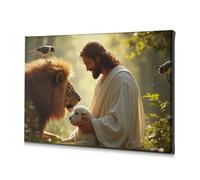 TFSW Lienzo decorativo para pared de baño, armonía de la naturaleza: una escena serena con león, cordero y pájaros, lienzo decorativo para decoración de pared de baño (20 x 30 cm)