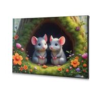 TFSW Lienzo decorativo rústico para decoración del hogar, dos ratones lindos en un jardín de flores, cuadro decorativo para baño, decoración de pared (40 x 60 cm)