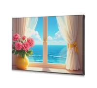 TFSW Platos decorativos con vista al mar desde la ventana con rosas, lienzo, decoración de Pascua (30 x 40 cm)