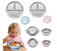 TFSZE Juego de vajilla para bebé, 2 platos de acero inoxidable con ventosa + 2 cuencos de acero inoxidable con ventosa, funda de silicona extraíble para niños, sin BPA, para vajilla de bebé