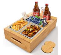 TFSZE Sofá Bar,Couch Bar Sofa Bandeja con Tapa Extraíble,Bandeja De bambú para Sofá,con 3 Cuencos De Acero Inoxidable Y Soporte para Botellas, con Caja De Aperitivos Extraíble