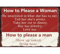 TFZQm Cartel de chapa para decoración de pared con texto en inglés "How To Pleasa Woman And A Man", póster de hierro para sala de estar, dormitorio, cueva de hombre, garaje, arte de pared, pintura de