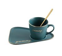 TGDGFKIAS Tazas de café grandes de cerámica, Juego de taza y platillo for té café con cuchara en caja regalo multicolor(Green Golden Word)