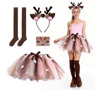 TGKYK Disfraz de Bambi para mujer, disfraz de reno de Afenau, carnaval, con cinta para el pelo, tutú, pegatinas, calcetines, disfraz de cornamenta para mujer, disfraz de ciervo para carnaval, cosplay