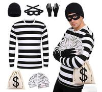 TGKYK Disfraz de ladrón de bancos para hombre, 6 unidades, disfraz de ladrón para adultos con camiseta, guantes, sombrero, protección para los ojos, monedero, disfraz de ladrón KOS para Halloween