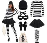 TGKYK Disfraz de ladrón de bancos para mujer, 7 piezas, disfraz de depredador para adultos con camiseta, falda corta, calcetines hasta la rodilla, gorro de punto, máscara, guantes, cartera, juego de
