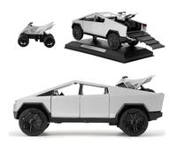 TGRCM-CZ 1/32 Tesla Cybertruck Eléctrico Camión Camión Modelo Coche Con Una Motocicleta, Aleación de Zinc Pull Back Coche de Juguete con Sonido y Luz para Niños Niños Niñas Regalo (Plateado)