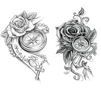 Th485 486 - Tatuaje de rosas temporales, 2 hojas, tatuaje con brújula, tatuaje de flores, tatuaje falso