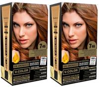 Thader Th Pharma V-Color Kit de Tinte permanente Sin Amoniaco con Oro Líquido 100% Cobertura de canas, 120 ml (No. 7.46 Rubio medio acobrado rojo) (Paquete de 2)