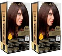 Thader Th Pharma V-Color Kit de Tinte permanente Sin Amoniaco con Oro Líquido 100% Cobertura de canas, 120 ml (No. 5.57 Castaño claro caoba violeta) (Paquete de 2)