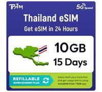 Thailand eSIM | 10GB | 15 días | Plan Recargable | Velocidad 5G | Hotspot | Solo Datos. El código QR será enviado Dentro de 24 Horas; escanea para activar. Sin número de teléfono Incluido.