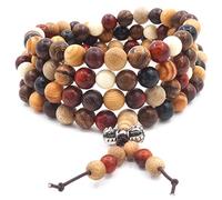 Thajaling 108 perlas de madera natural pulsera collar cadena rosario perlas multicolor budista tibetano buda mala chino nudo elástico pulsera para hombre mujer, One Size, Madera, Synthetic Pearl