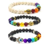 Thajaling 3 PCS 8 mm Pulsera de cuentas agatas de Buda color tibetana, estilo oracion budista Chakra pulsera de hombre, Pulsera de Piedra de Lava