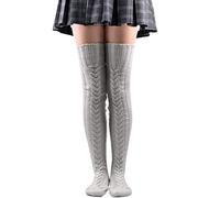 Thajaling Calcetines altos de punto por cable para mujer, calcetines para botas por encima de la rodilla, medias calentadoras extra largas de invierno (105cm, Gris claro)
